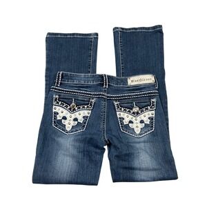 Y2K Miss Chic Womens Bootcut Jeans Rhinestone Bedazzled Pockets Dark Wash Size 5